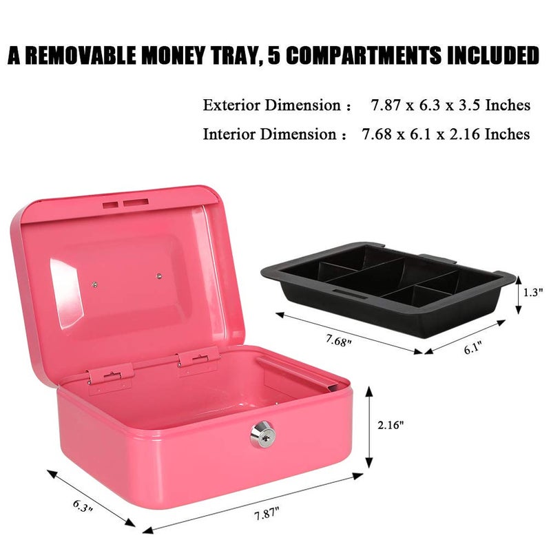 Jssmst Small Cash Box with Key Lock - Durable Metal Cash Box with Money Tray Pink, CB0104M - Image 3